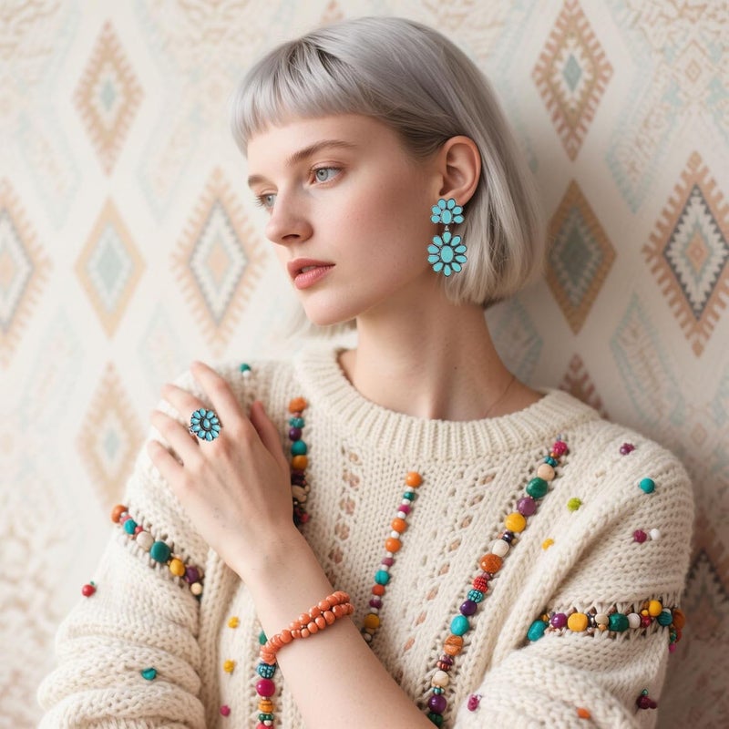 JMScape 4 PCS Western Turquoise Jewelry for Women Boho Vintage Navajo Pearl Necklace Earring Bracelet Ring Set Country Cowgirl Accessories for Gift - Image 2